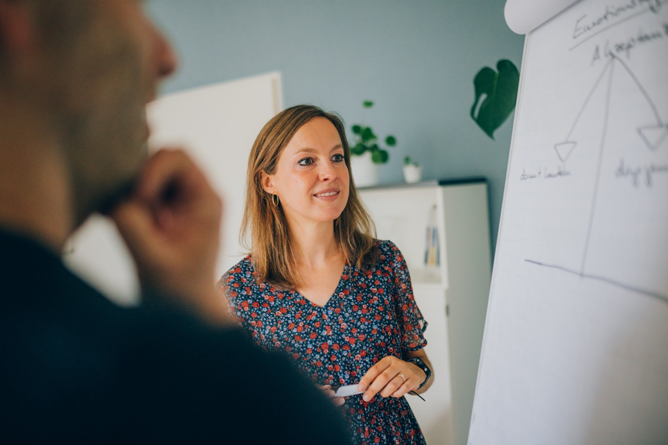Zwei Personen arbeiten gemeinsam an einem Flipchart